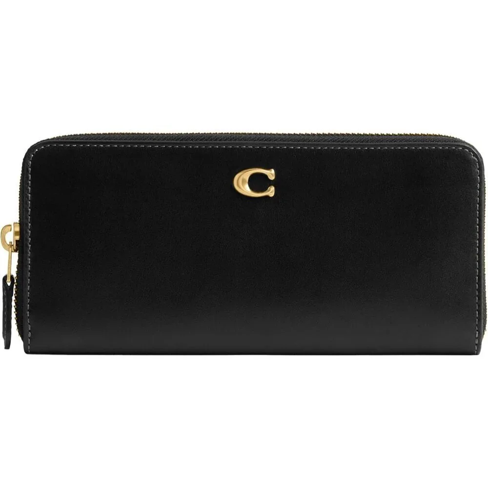 Women's Smooth Leather Essential Slim Accordion Zip, Black